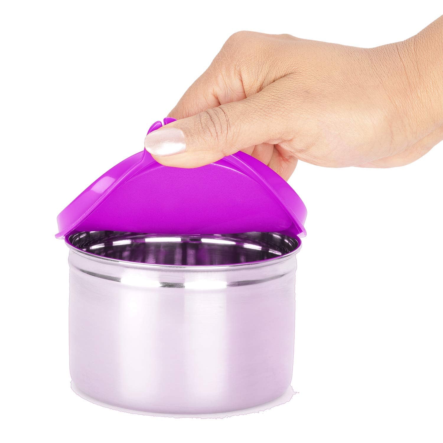 oliveware Magic Storage Containers, 100% Leak Proof and Spill Proof, 2 Stainless Steel Containers with BPA Free Airtight Lid (600ml Each) - Voilet