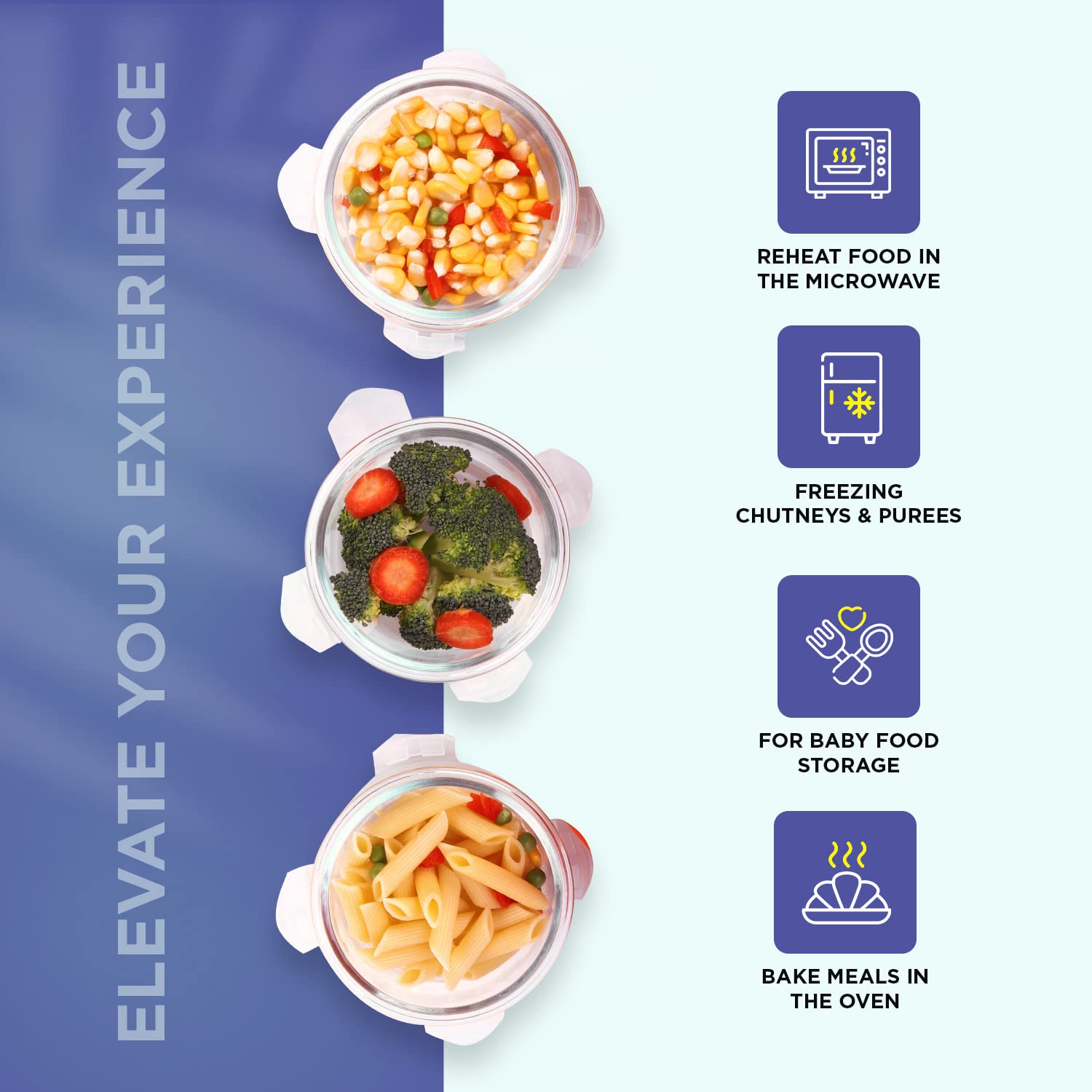 SOPL-OLIVEWARE Innox Glassware Lunchbox, Borosilicate Glass Containers, Microwave Safe & Leak Proof, 3 Containers with BPA Free Airtight Lid (400ml) Each - Blue