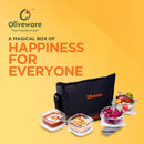 SOPL-OLIVEWARE Musk Glassware Lunchbox with Napkin & Steel Cutlery, Borosilicate Glass & Microwave Proof, Safety Lock Airtight Square Tiffin, 4 Container (2 * 320ml & 2 * 400ml) - Black&Orange