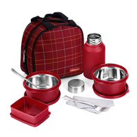 Oliveware Octavia Lunchbox, Microwave Safe, 2 Inside Steel containers (2x450ml), Plastic Pickle Box (130ml), Steel Bottle (450ml), Steel Cutlery & Napkin, Fabric Bag - Red