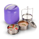 oliveware Bella Lunch Box, 3 Stainless Steel Containers 300ml Each, Insulated Body with Carry Handle, Leak Proof, Complete Meal Hot Case (Violet)
