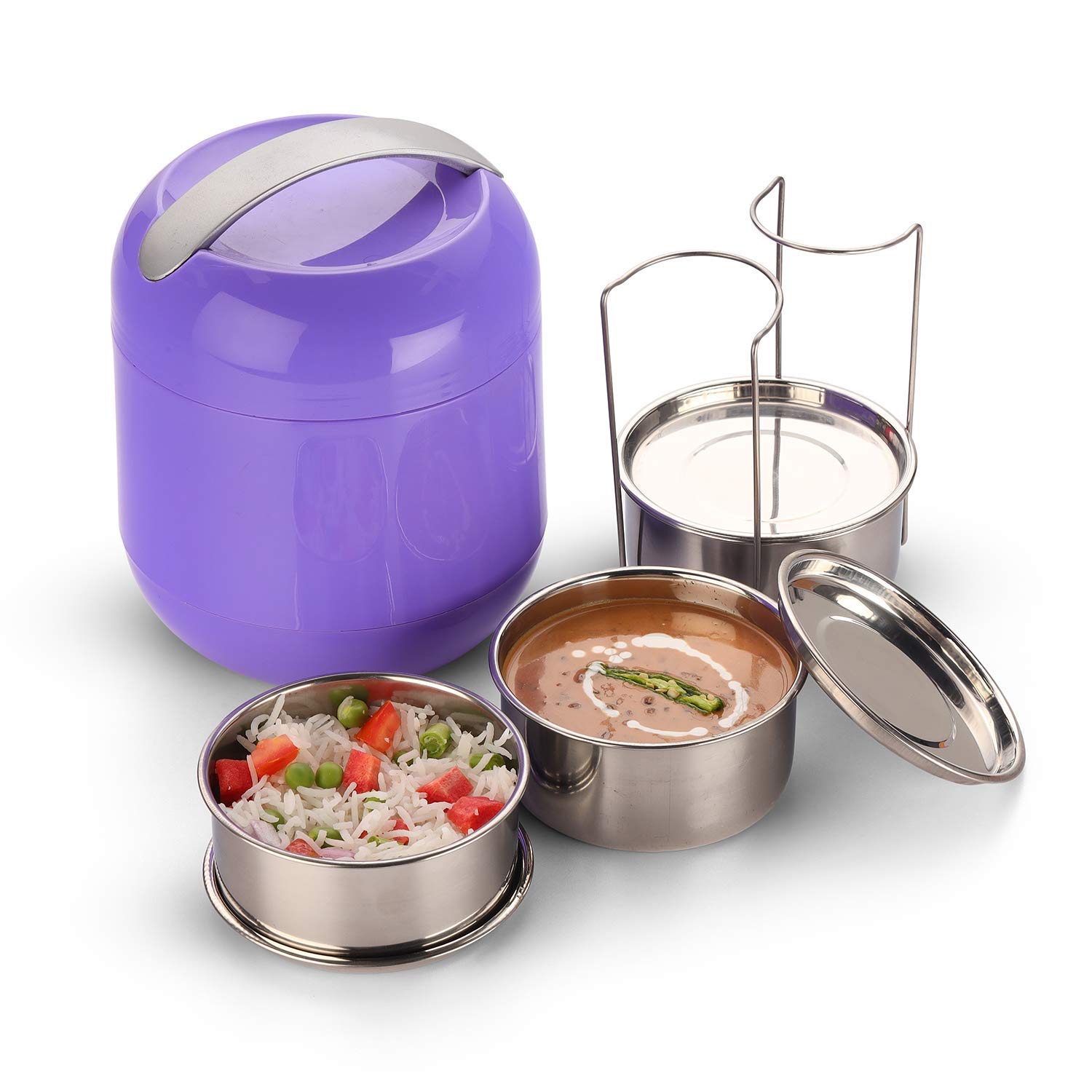oliveware Bella Lunch Box, 3 Stainless Steel Containers 300ml Each, Insulated Body with Carry Handle, Leak Proof, Complete Meal Hot Case (Violet)