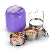 oliveware Bella Lunch Box, 3 Stainless Steel Containers 300ml Each, Insulated Body with Carry Handle, Leak Proof, Complete Meal Hot Case (Violet)