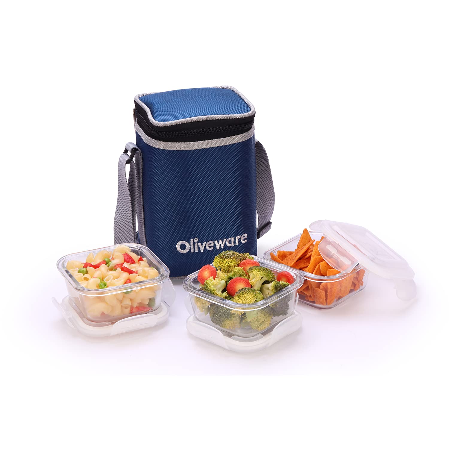 SOPL-OLIVEWARE Bounty Borosilicate Glassware Lunchbox, Microwave & Freezer Safe, Set of 3 containers with BPA Free Airtight Lids (320ml) Each - Blue