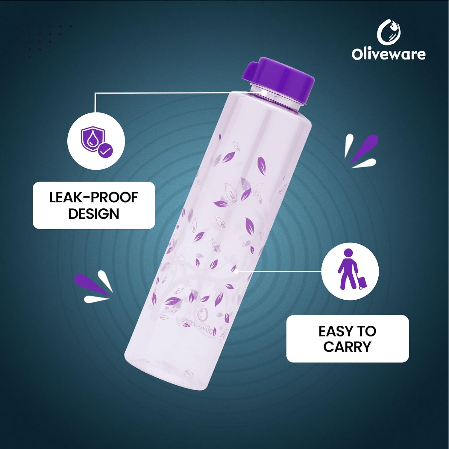 oliveware Elegant Range Premium PET Water Bottle With Better Grip, BPA Free & 100% Leak Proof, 1 Litre Bottle, For Home & Office Use, Pack of 6 - (Voilet)