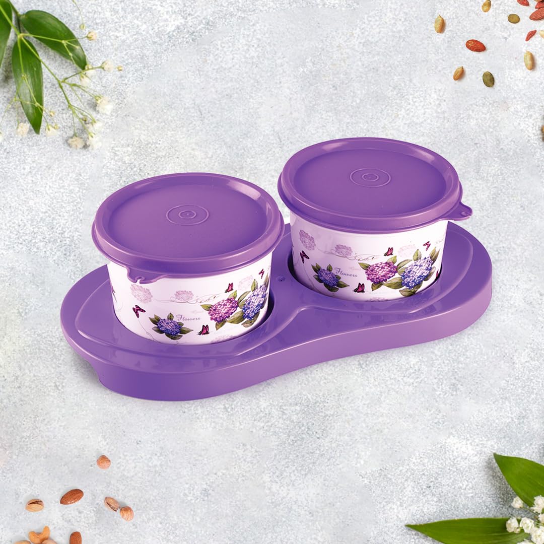 oliveware Breeze Floral Print Serving Container & Tray With Airtight Lid, BPA Free, 2 Containers (500ml) each, For Snacks & Dry Fruits - Voilet