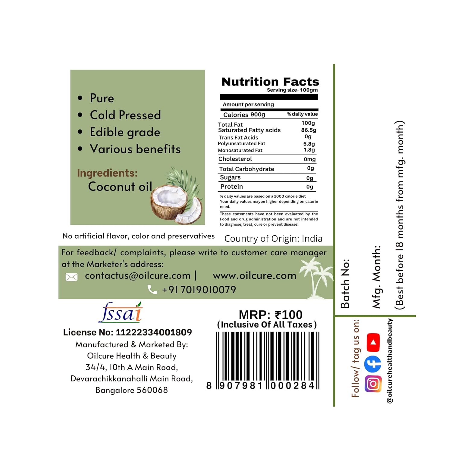 Oilcure Cold Pressed Coconut Edible Oil 100 ml -Pack of 3 (300 ml)