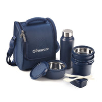 SOPL-OLIVEWARE Teso Elite Pro Lunch Box with Steel Cutlery, BPA free Lids, 3 Microwave Safe Inside Steel Containers (290ml, 450ml & 600ml), Plastic Pickle Box (130ml), Steel Water Bottle(750ml) - Blue