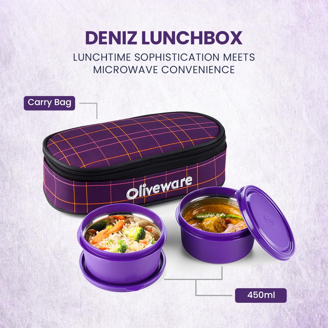 SOPL-OLIVEWARE Deniz Lunch Box, 2 Stainless Steel Containers (450 ml Each), Leak Proof & Microwave Safe, Insulated Fabric Bag, Full Meal & Easy to Carry (Voilet)