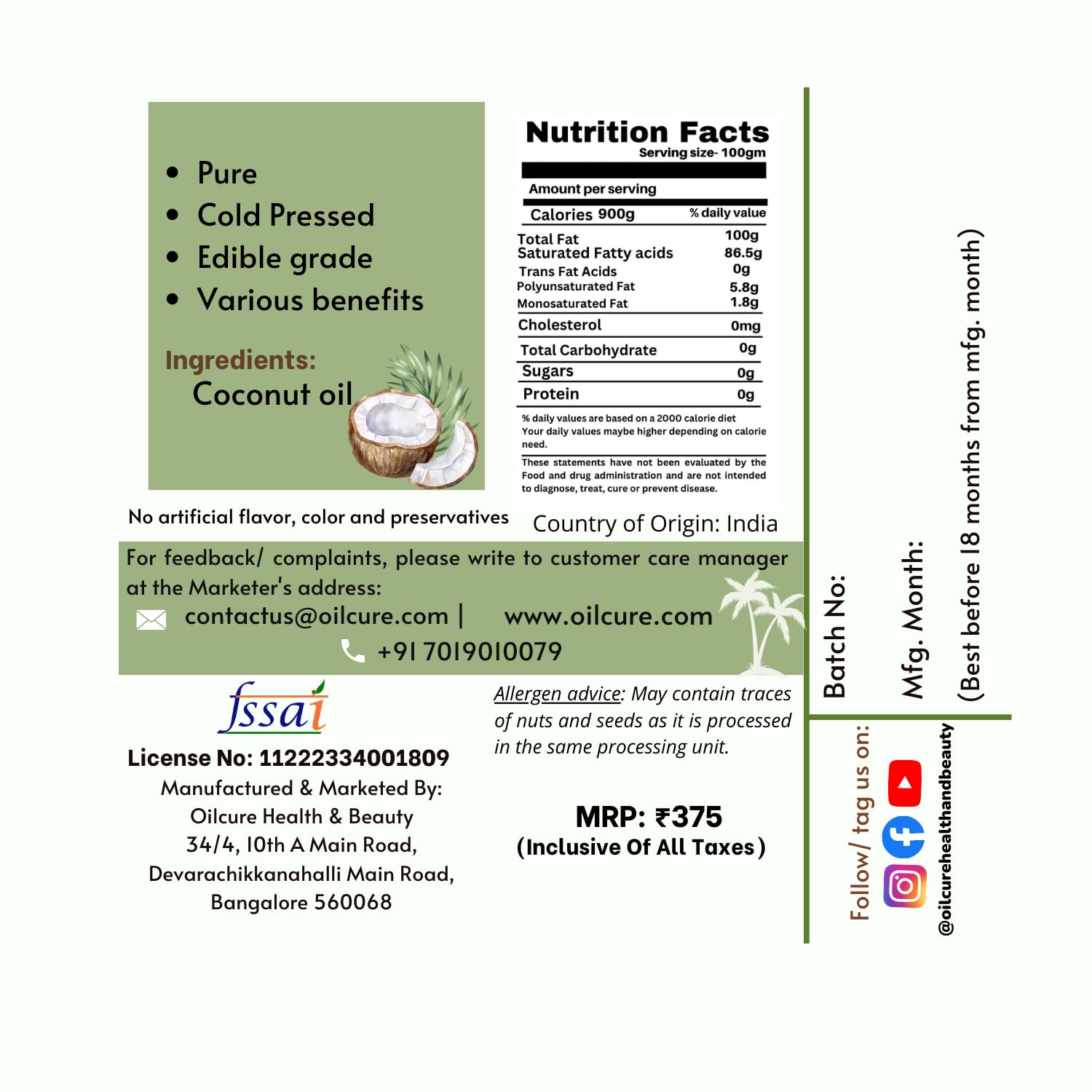 Oilcure Virgin Coconut Oil Cold Pressed - 500 ml