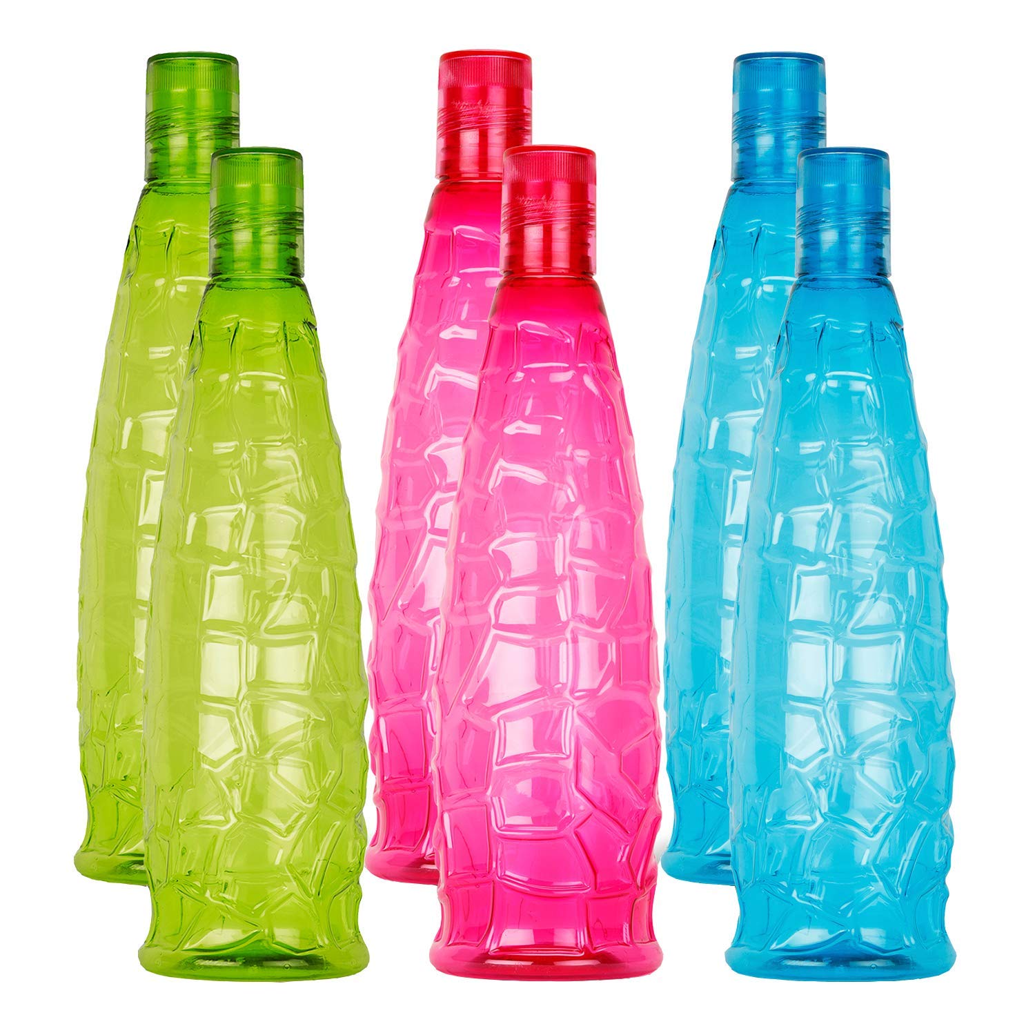 oliveware Stunning Range Premium PET Water Bottle With Better Grip, BPA Free & 100% Leak Proof, 1 Litre Bottle, For Home & Office Use, Pack of 6 - Multi