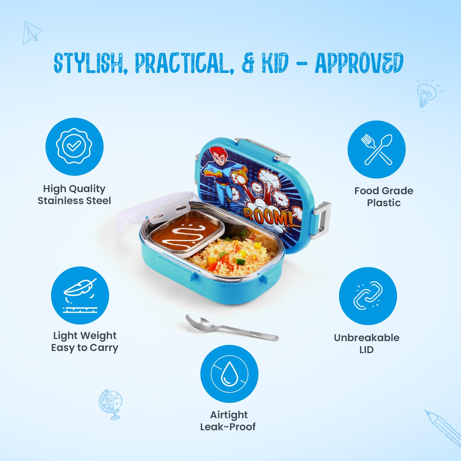 Oliveware Snacky Kids Lunch Box, Stainless Steel in 700ml Include Sabzi Container(180ml) & Steel Spoon, Food Grade BPA Free, Leak Proof & Colourful Designs (Blue)