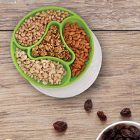 oliveware Majestic Snaks & Dry Fruit Candy Tray with Airtight Lid, BPA Free Plastic, 4 compartments (4x300 ml), Store & Serve - Green