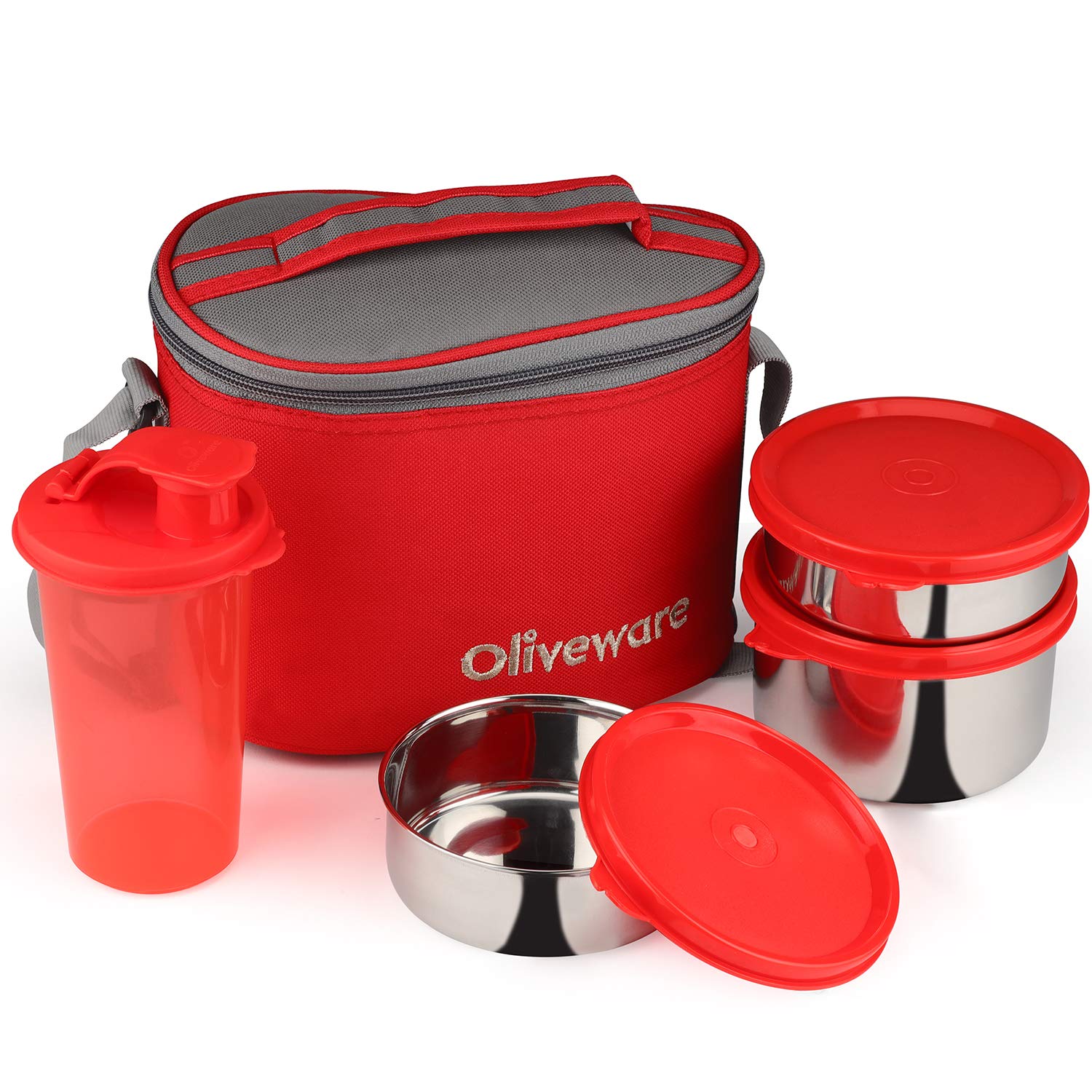 oliveware Mayo Lunch Box, 3 Stainless Steel Containers with BPA Free Lids (300ml, 300ml, 580ml), Plastic Sipper (450ml), Leak Proof, Full Meal & Easy to Carry - Red