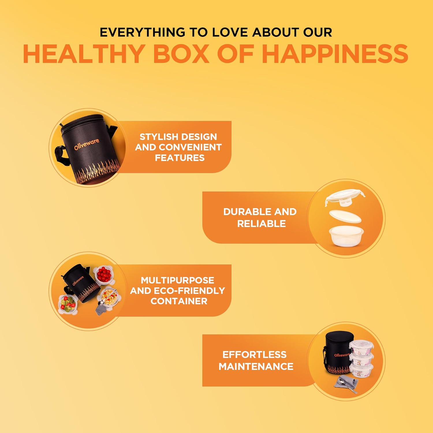 SOPL-OLIVEWARE Dazzle Glassware Round Lunchbox | with Napkin & Steel Spoon | Borosilicate Glass | Microwave Proof | Set of 3 (400ml)