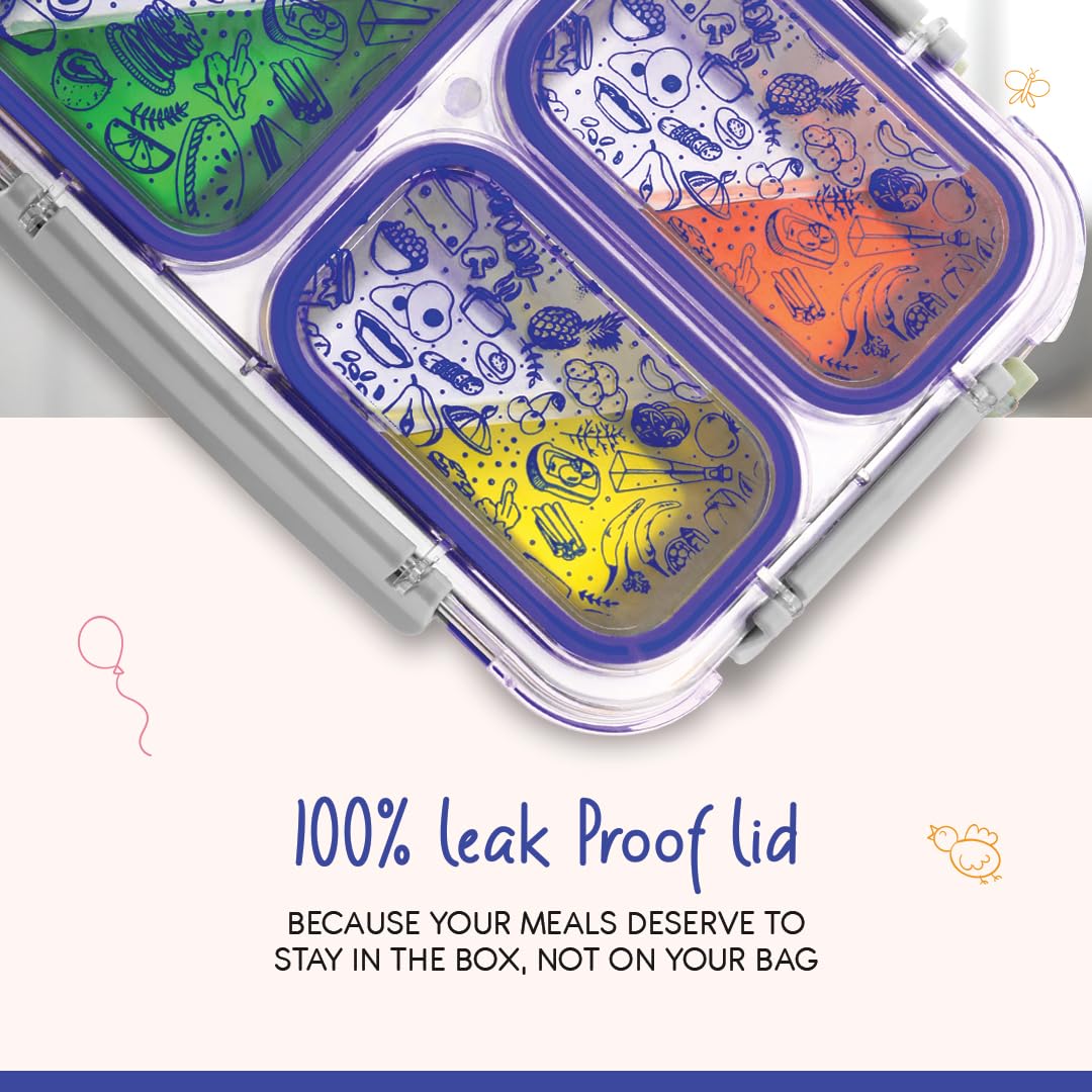 Oliveware Bento Master 3 Lunch Box | with 3 dividers | Steel Spoon | Stainless Steel | Dishwasher & Freezer Safe