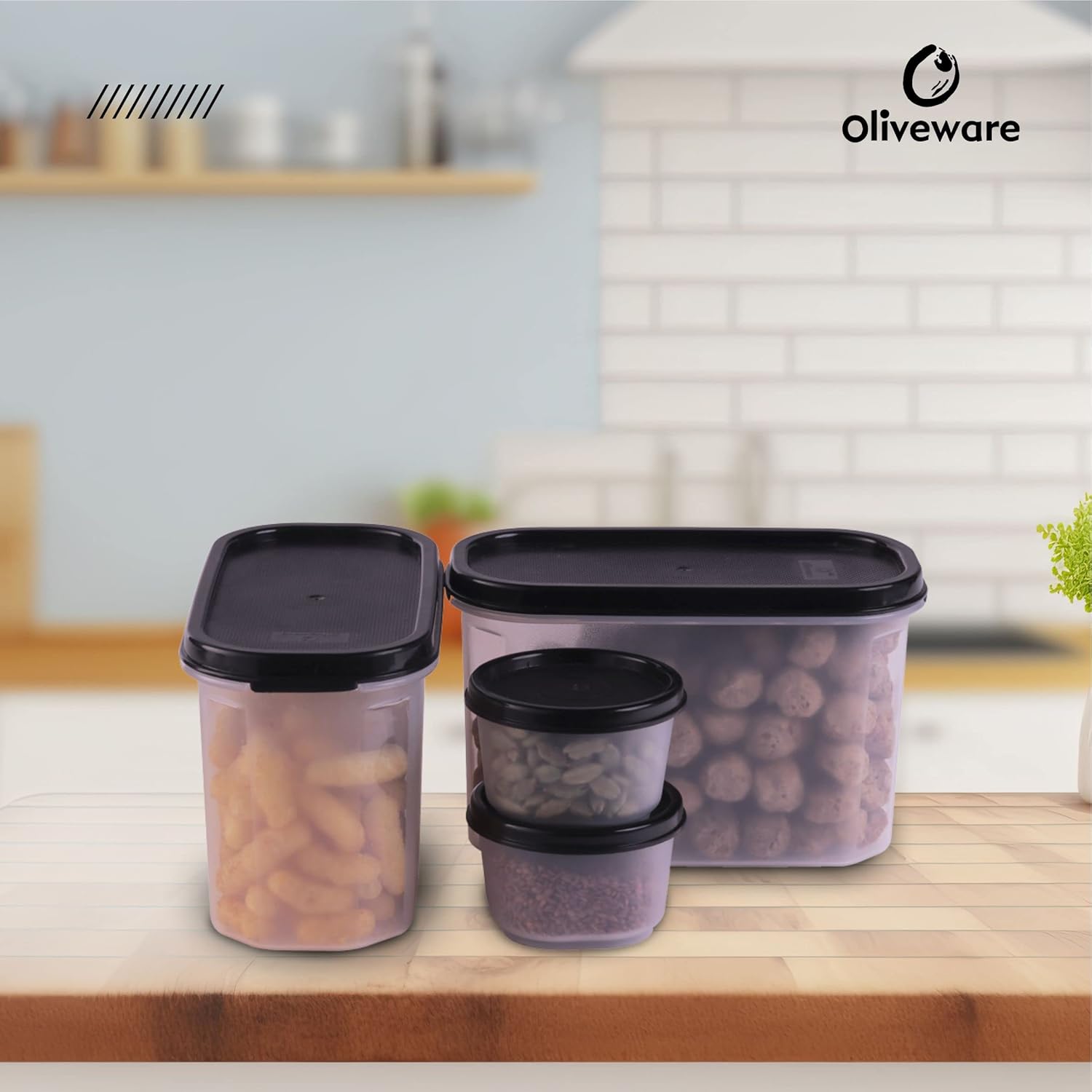 Oliveware Modular Storage Containers, BPA Free, For Pulses, Rice, Dal, Atta & Flour, Set of 4 (2x1800ml, 2x180ml) - Black