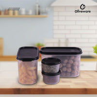 Oliveware Modular Storage Containers, BPA Free, For Pulses, Rice, Dal, Atta & Flour, Set of 4 (2x1800ml, 2x180ml) - Black