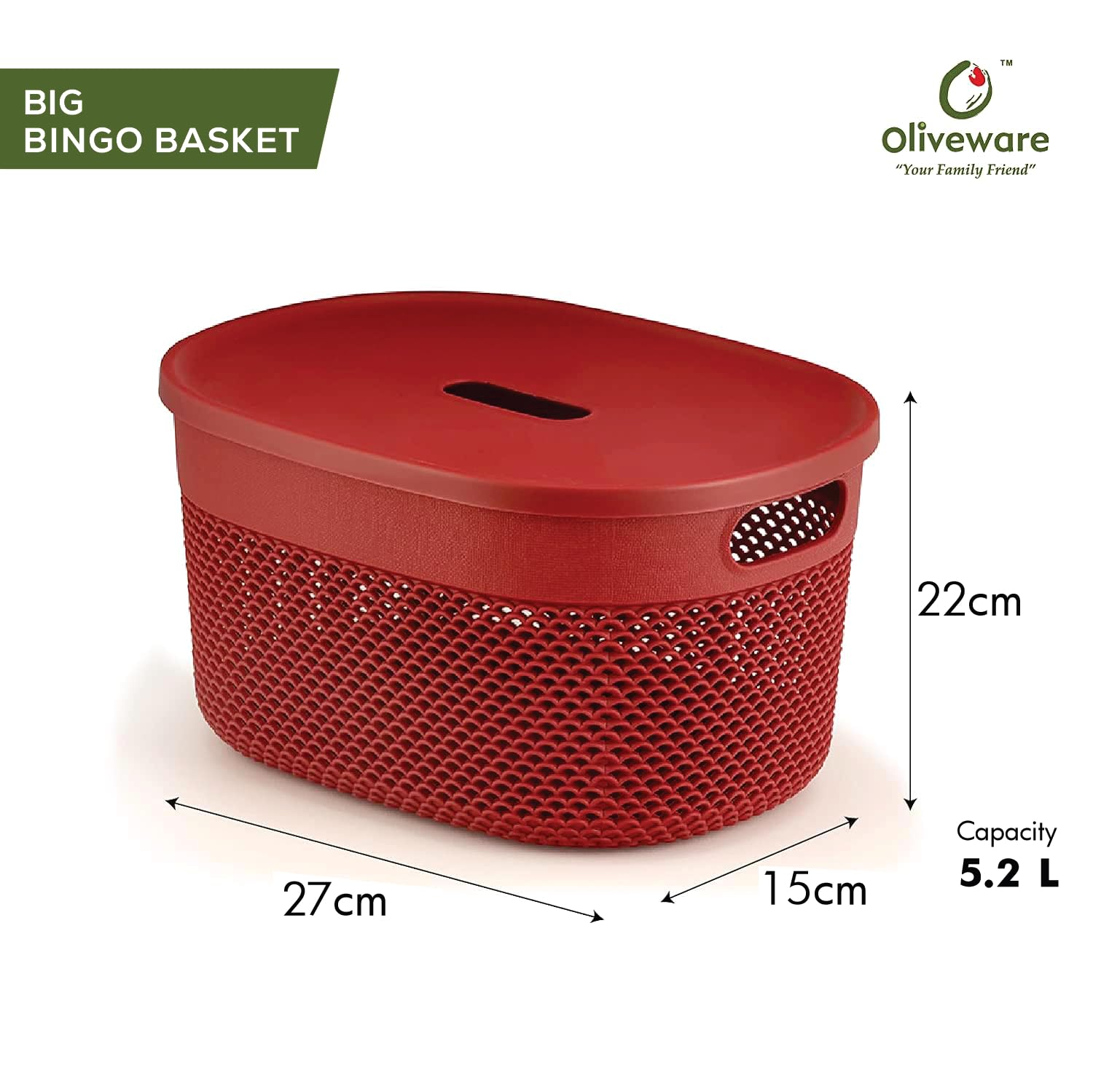 Oliveware Bingo Basket Stackable Storage Organiser With Lids For Clothes & Toys, BPA Free, Set of 2 Big - 5.2L(Maroon)