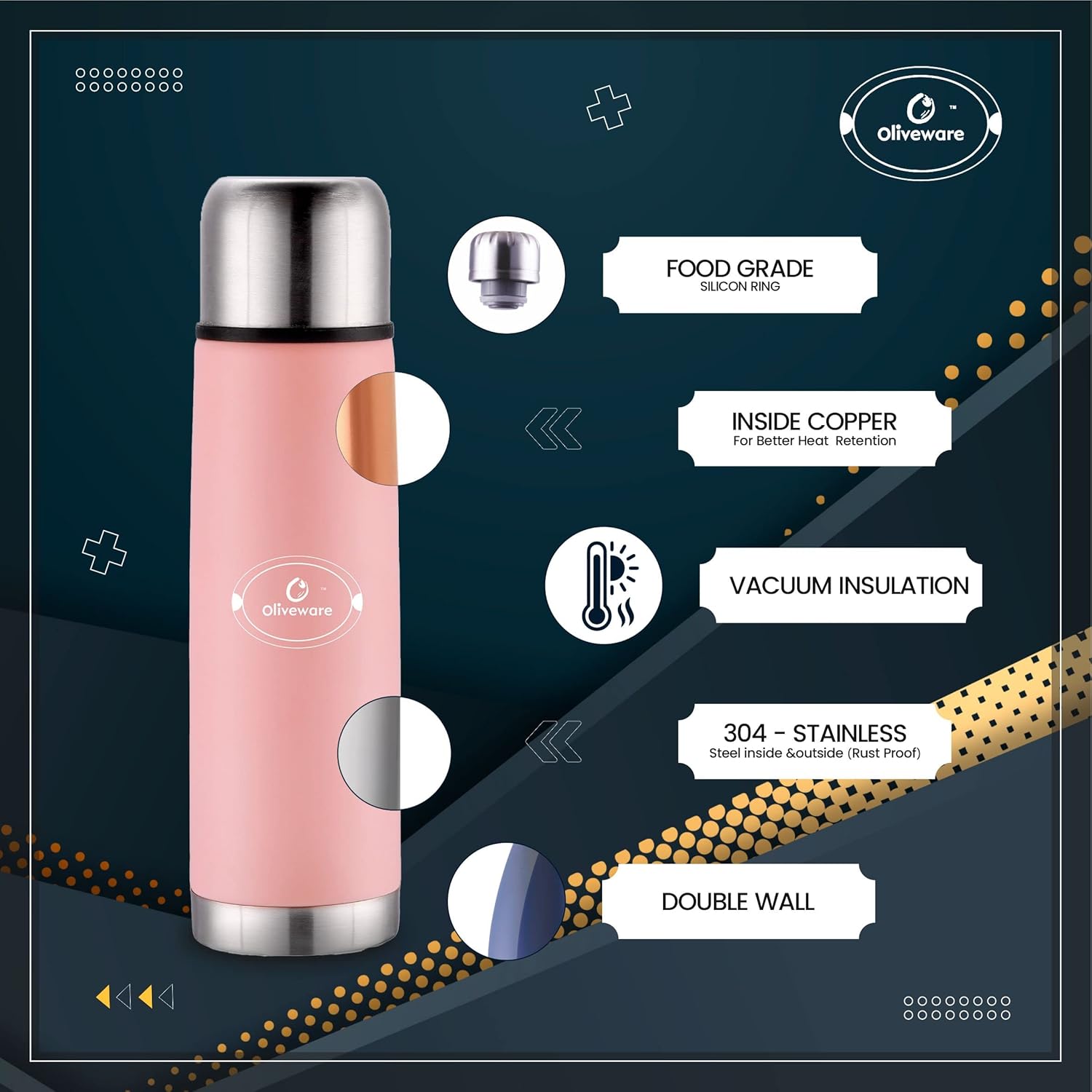 SOPL-OLIVEWARE Spyker Vacuum Double Wall Flask Bottle, Stainless Steel (500ml), Hot & Cold, Insulated Bottle, Fit for Indoor & Outdoors - Pink