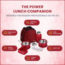 Oliveware Octavia Lunchbox, Microwave Safe, 2 Inside Steel containers (2x450ml), Plastic Pickle Box (130ml), Steel Bottle (450ml), Steel Cutlery & Napkin, Fabric Bag - Red