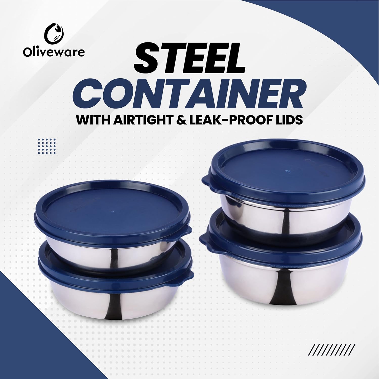 oliveware Elegant Combo Storage Containers, 100% Leak Proof and Dishwasher Safe, 4 Stainless Steel Containers with BPA Free Lid (2x450ml & 2x250ml) - Blue