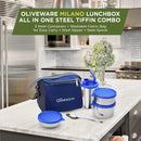 SOPL-OLIVEWARE Milano Lunch Box, Leak Proof, 3 Stainless Steel Containers with BPA Free Lids (300ml, 450ml, 600ml), Steel Spoon & Tumbler (400ml), Fabric Bag - Blue
