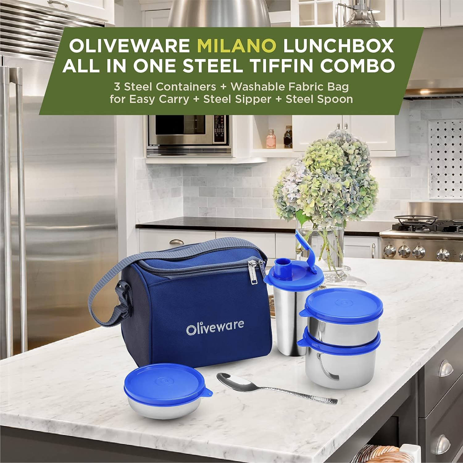 SOPL-OLIVEWARE Milano Lunch Box, Leak Proof, 3 Stainless Steel Containers with BPA Free Lids (300ml, 450ml, 600ml), Steel Spoon & Tumbler (400ml), Fabric Bag - Blue