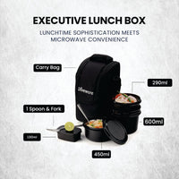 SOPL-OLIVEWARE Executive Pro Lunch Box, Microwave Safe, 3 Inner Steel Container With Bpa Free Lids (290Ml, 450Ml, 600Ml, Plastic Pickle Box (130Ml) & Steel Cutlery - Black, 290 Milliliter