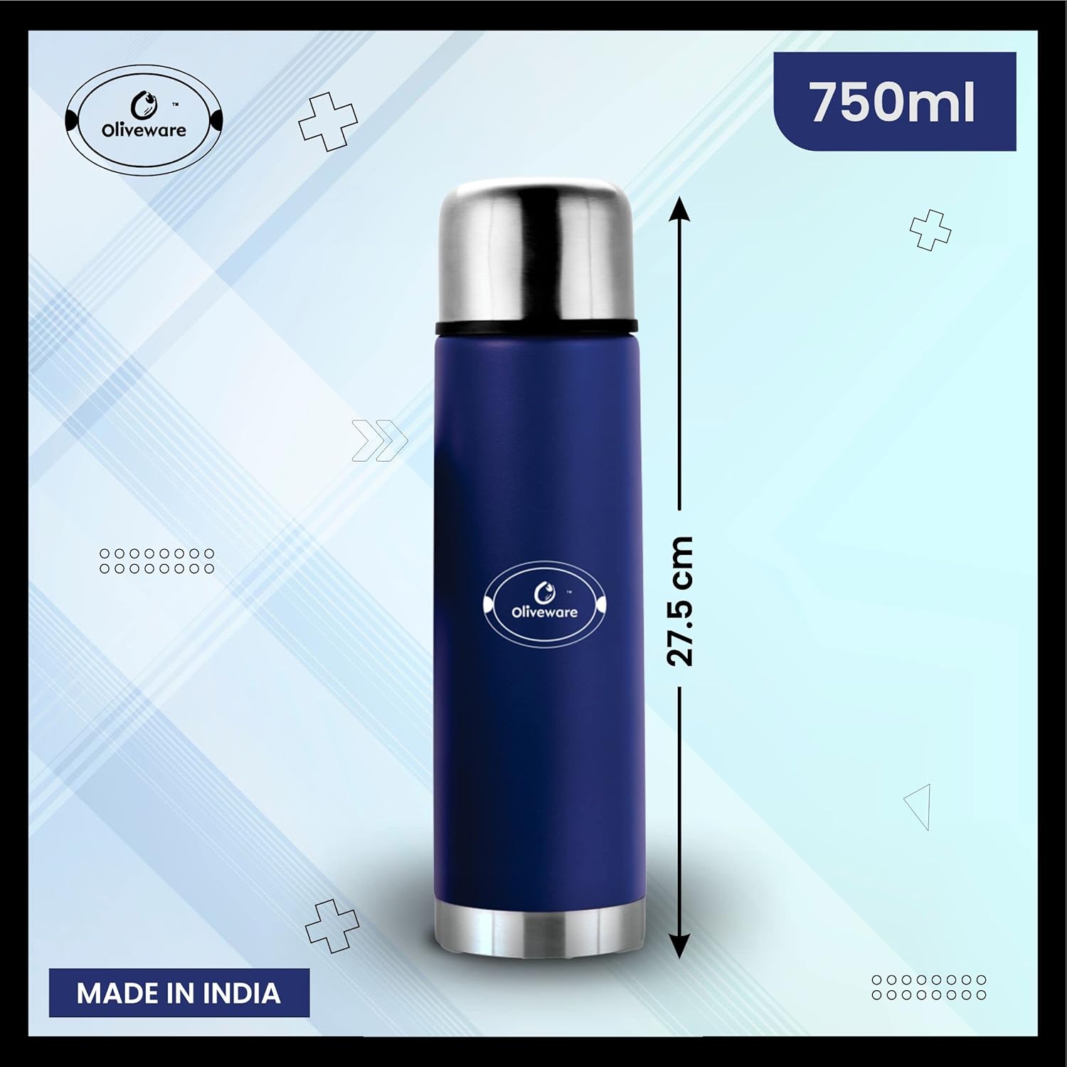 SOPL-OLIVEWARE Haze Vacuum Double Wall Bottle, Stainless Steel (750ml), Hot & Cold, Insulated Bottle, Fit for Indoor & Outdoors - Matt Blue