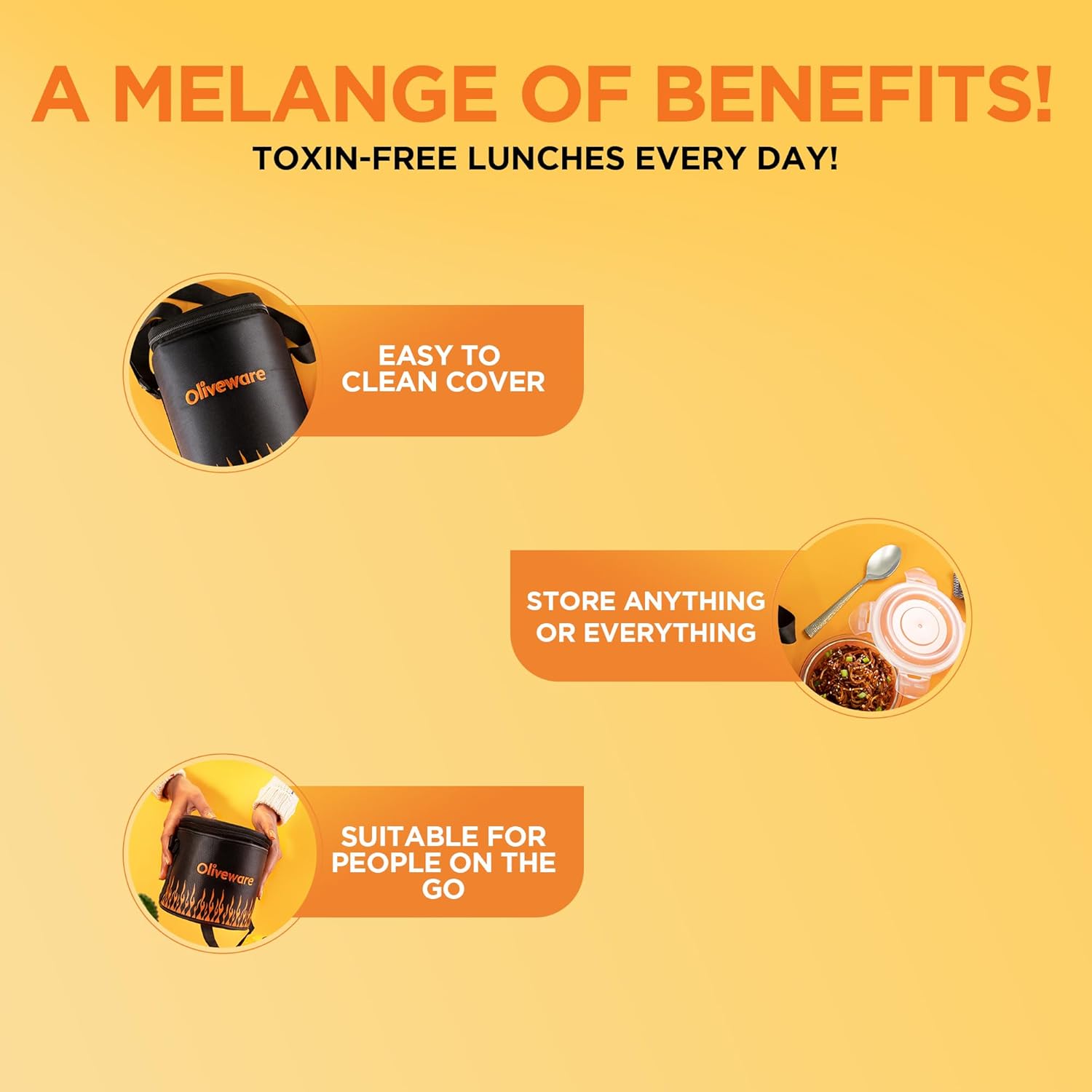 SOPL-OLIVEWARE Sizzle Glassware Round Lunchbox, Borosilicate Glass Containers, Microwave Safe & Leak Proof, 2 Containers with BPA Free Lids (400ml) Each - (Fire, Black_Orange)