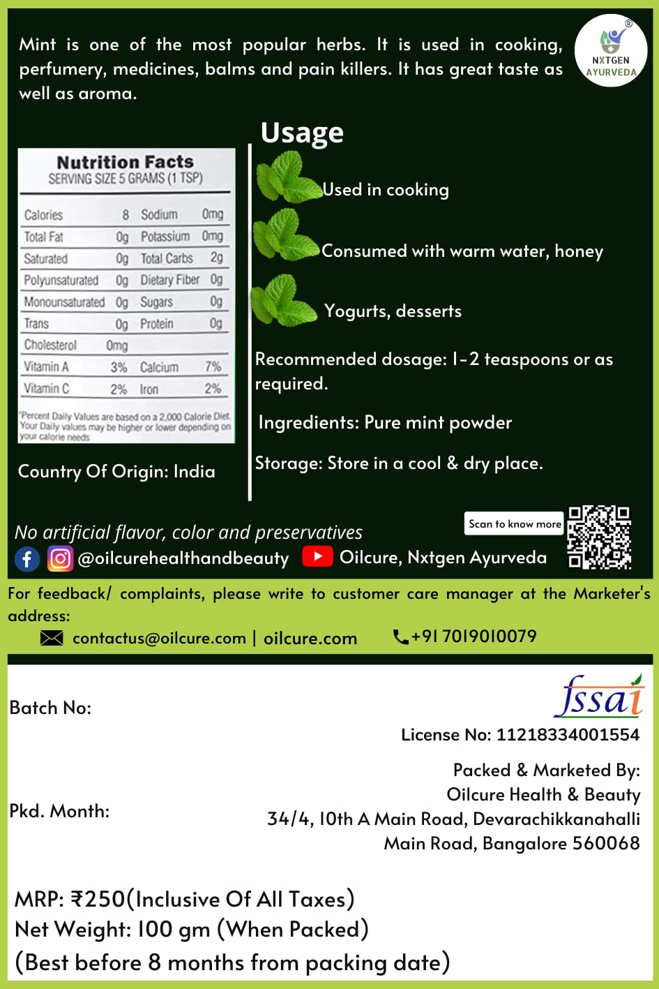 Nxtgen Ayurveda Mint Powder (Pudina) - 100 gm