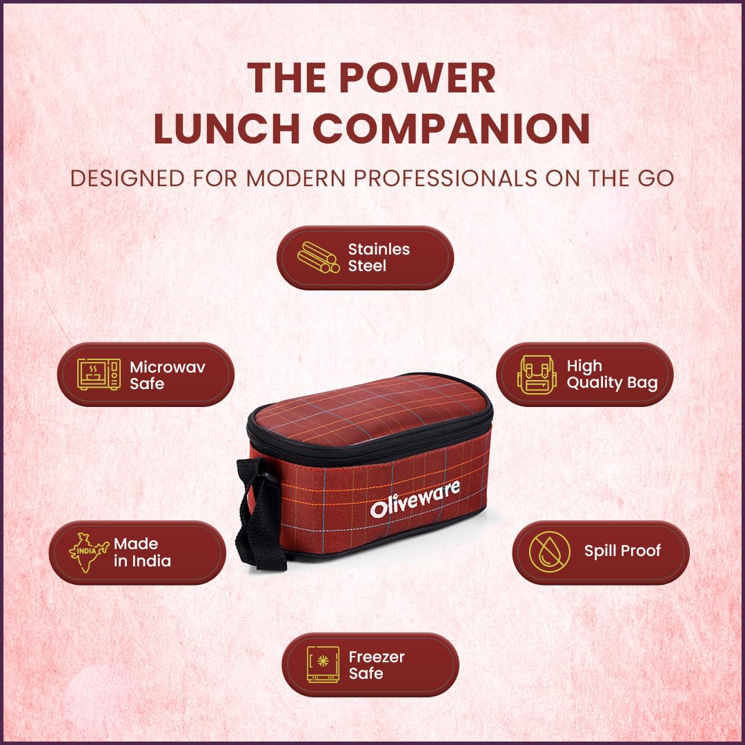 SOPL-OLIVEWARE Hazel Lunch Box, Leak Proof & Microwave Safe, 3 Stainless Steel Containers (450ml, 450ml, 550ml), Insulated Fabric Bag, Full Meal & Easy to Carry (Red)