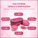 oliveware Double Decker Lunch Box Tiffin, 3 Containers with Plastic Spoon & Fork (300ml, 300ml & 450ml), 100% Leak Proof & BPA Free - Pink