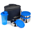 oliveware Mayo Lunch Box, 3 Stainless Steel Containers with Plastic Sipper (300ml, 300ml, 580ml & 450ml), Leak Proof, Insulated Fabric Bag - Blue
