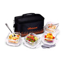 OLIVEWARE Olivia Borosilicate Glassware Lunchbox with Napkin & Steel Cutlery, Microwave Proof, Safety Lock Airtight Square, Set of 4 (320ml) Each - Black & Orange