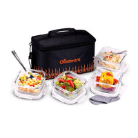 OLIVEWARE Olivia Borosilicate Glassware Lunchbox with Napkin & Steel Cutlery, Microwave Proof, Safety Lock Airtight Square, Set of 4 (320ml) Each - Black & Orange