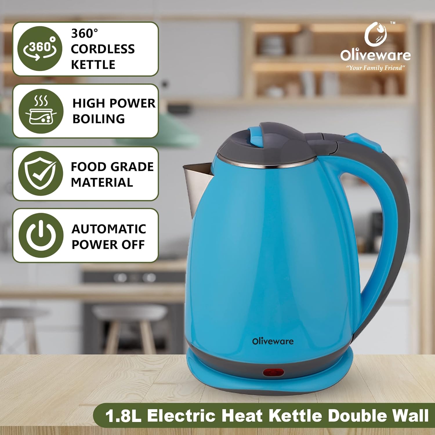 Elegant Electric Kettle by Oliveware, 1.8 litre, 360 degree Rotation, Heat Protection Handle, Automatic Power off - (Blue, 1800 ml)