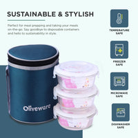 SOPL-OLIVEWARE Pebble Glassware Lunchbox, Borosilicate Glass, Microwave & Freezer Safe, Set of 3 with BPA Free Lid (400ml) Each - Blue