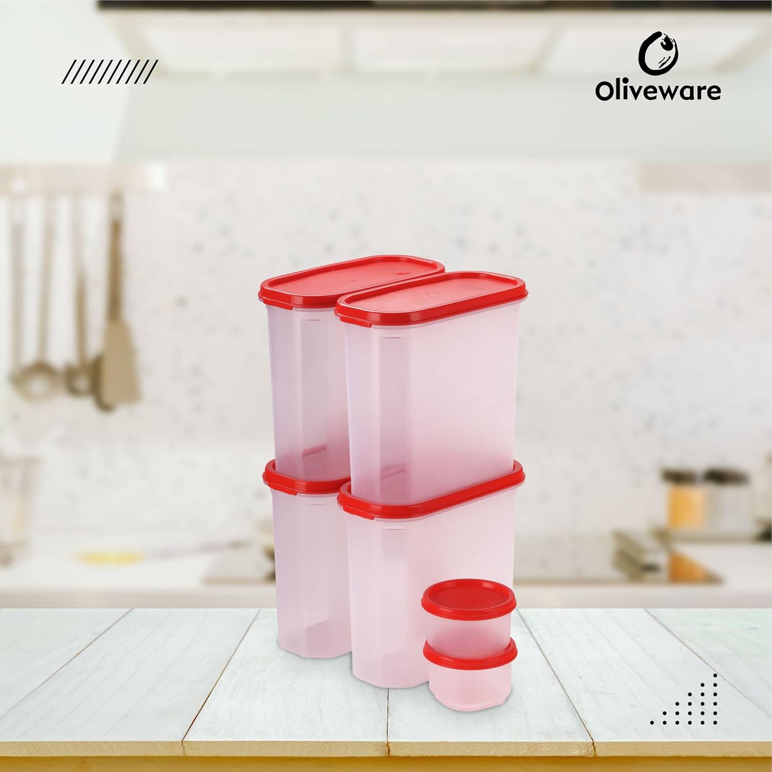 Oliveware Modular Storage Containers, BPA Free, For Pulses, Rice, Dal, Atta & Flour, Set of 6 (4x1800ml, 2x180ml) - Red