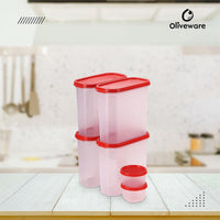 Oliveware Modular Storage Containers, BPA Free, For Pulses, Rice, Dal, Atta & Flour, Set of 6 (4x1800ml, 2x180ml) - Red