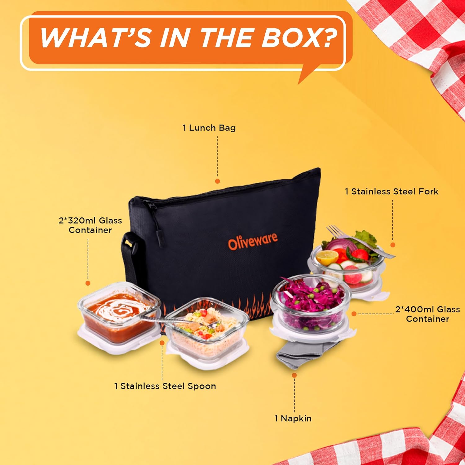 SOPL-OLIVEWARE Musk Glassware Lunchbox with Napkin & Steel Cutlery, Borosilicate Glass & Microwave Proof, Safety Lock Airtight Square Tiffin, 4 Container (2 * 320ml & 2 * 400ml) - Black&Orange