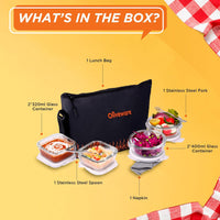 SOPL-OLIVEWARE Musk Glassware Lunchbox with Napkin & Steel Cutlery, Borosilicate Glass & Microwave Proof, Safety Lock Airtight Square Tiffin, 4 Container (2 * 320ml & 2 * 400ml) - Black&Orange