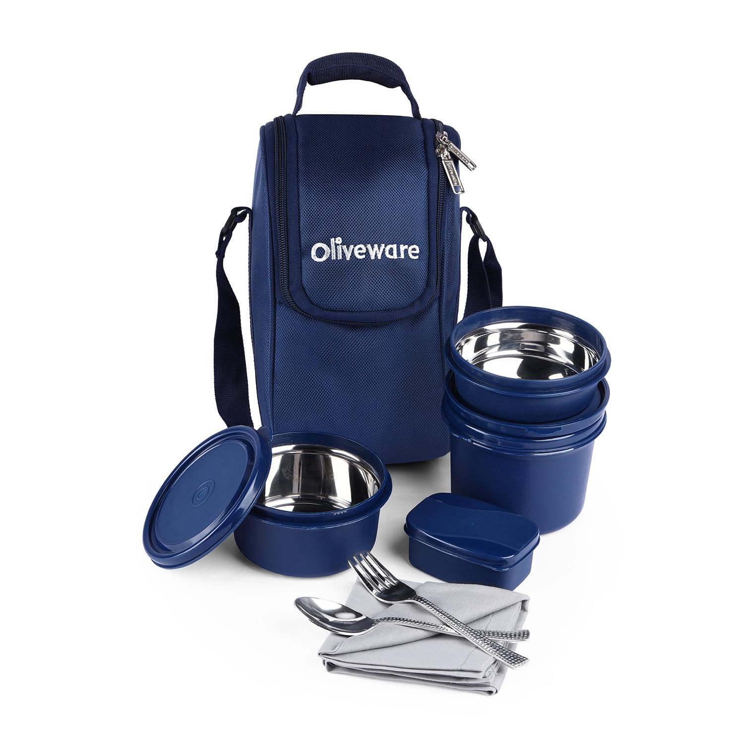 SOPL-OLIVEWARE Executive Lunch Box Series, Microwave Safe & Leak Proof, 3 Inside Steel Container with BPA Free Airtight Lid (290ml, 450ml & 600ml), Plastic Pickle Box (130ml), Steel Cutlery - Blue