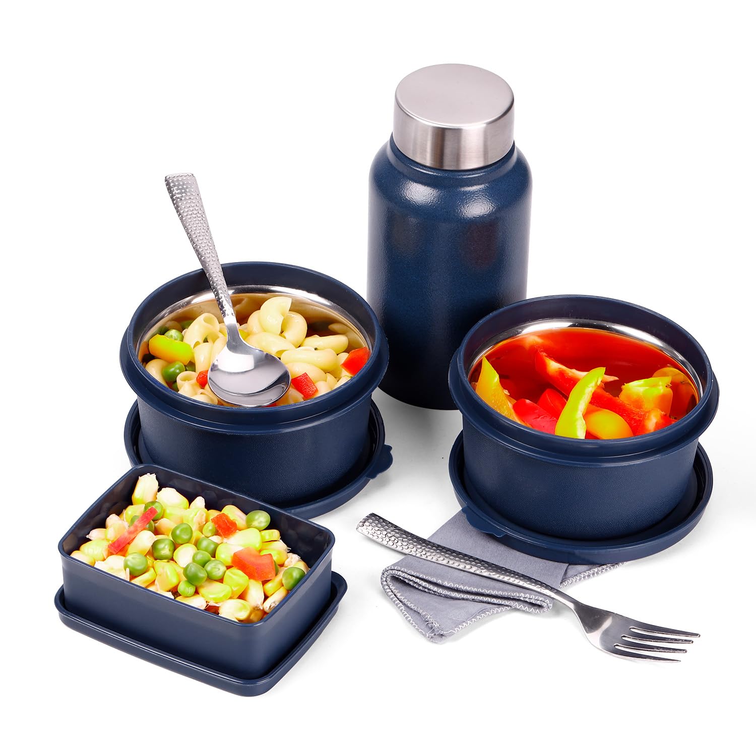 Oliveware Octavia Lunchbox, Microwave & Freezer Safe, 2 Inside Steel containers (2x450ml), Plastic Pickle Box (130ml), Steel Bottle(450ml), Steel Cutlery & Napkin, Fabric Bag - Blue