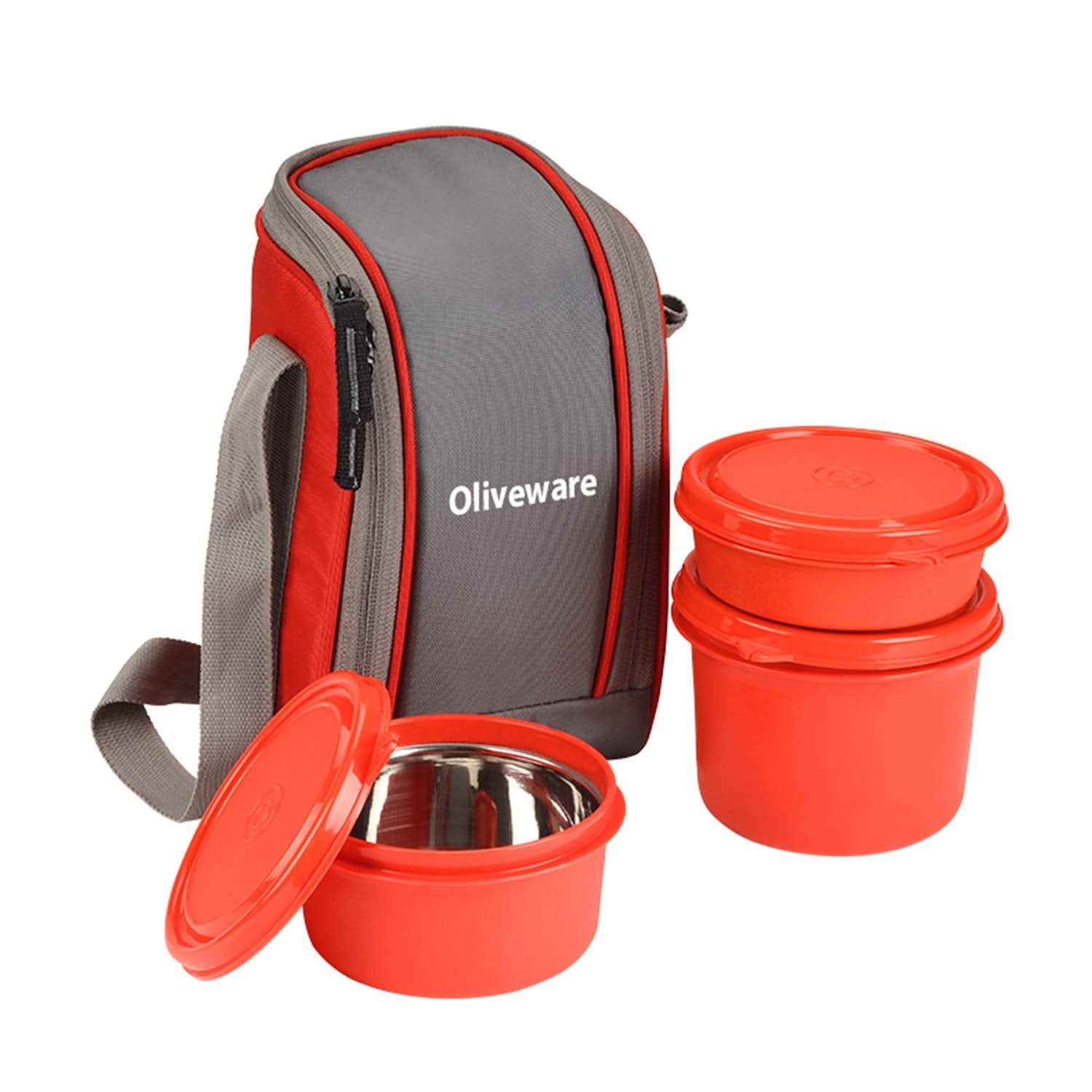 oliveware Sopl-Oliveware Boss Stainless Steel Lunch Box, Microwave Safe & Leak Proof, 3 Ineer Steel Containers With Bpa Free Airtight Lids (290 Ml, 450 Ml, 600 Ml), Fabric Bag - Red