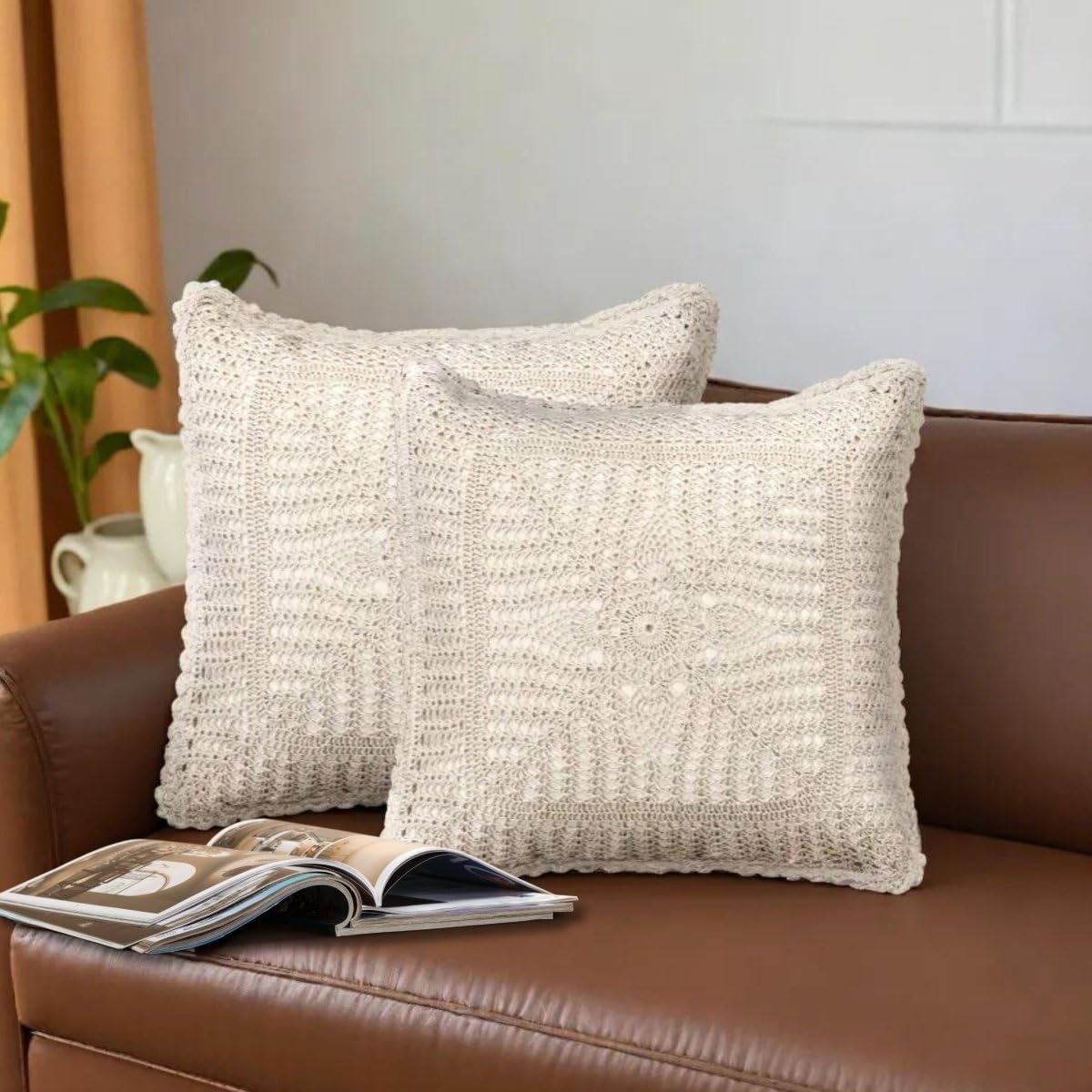 Applique Work Cotton Cushion Cover in Off-White (Set of 1) | 16 x 16 inches | Handmade