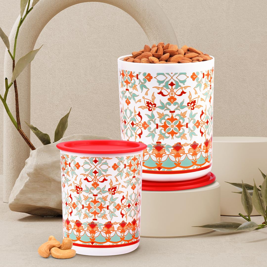 Oliveware Pasha Plastic Containers | BPA Free | For Rice, Dal, Atta & Flour | Set of 3 | Stackable Containers (2200ml, 1350ml & 850ml) (Red)