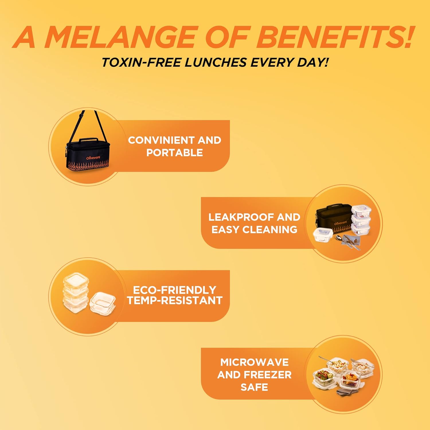 OLIVEWARE Olivia Borosilicate Glassware Lunchbox with Napkin & Steel Cutlery, Microwave Proof, Safety Lock Airtight Square, Set of 4 (320ml) Each - Black & Orange