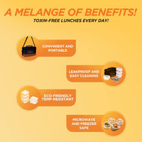 OLIVEWARE Olivia Borosilicate Glassware Lunchbox with Napkin & Steel Cutlery, Microwave Proof, Safety Lock Airtight Square, Set of 4 (320ml) Each - Black & Orange